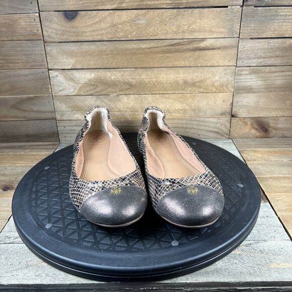 Tory Burch Womens Size 6.5 Python Snake Print Metallic Gold York Cap Toe Flats - Picture 2 of 10